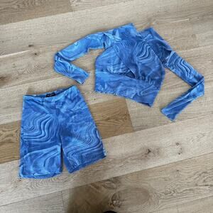 Naked Wardrobe - Marble Mesh Bike Shorts and Cross Over Long Sleeve Top in Blue